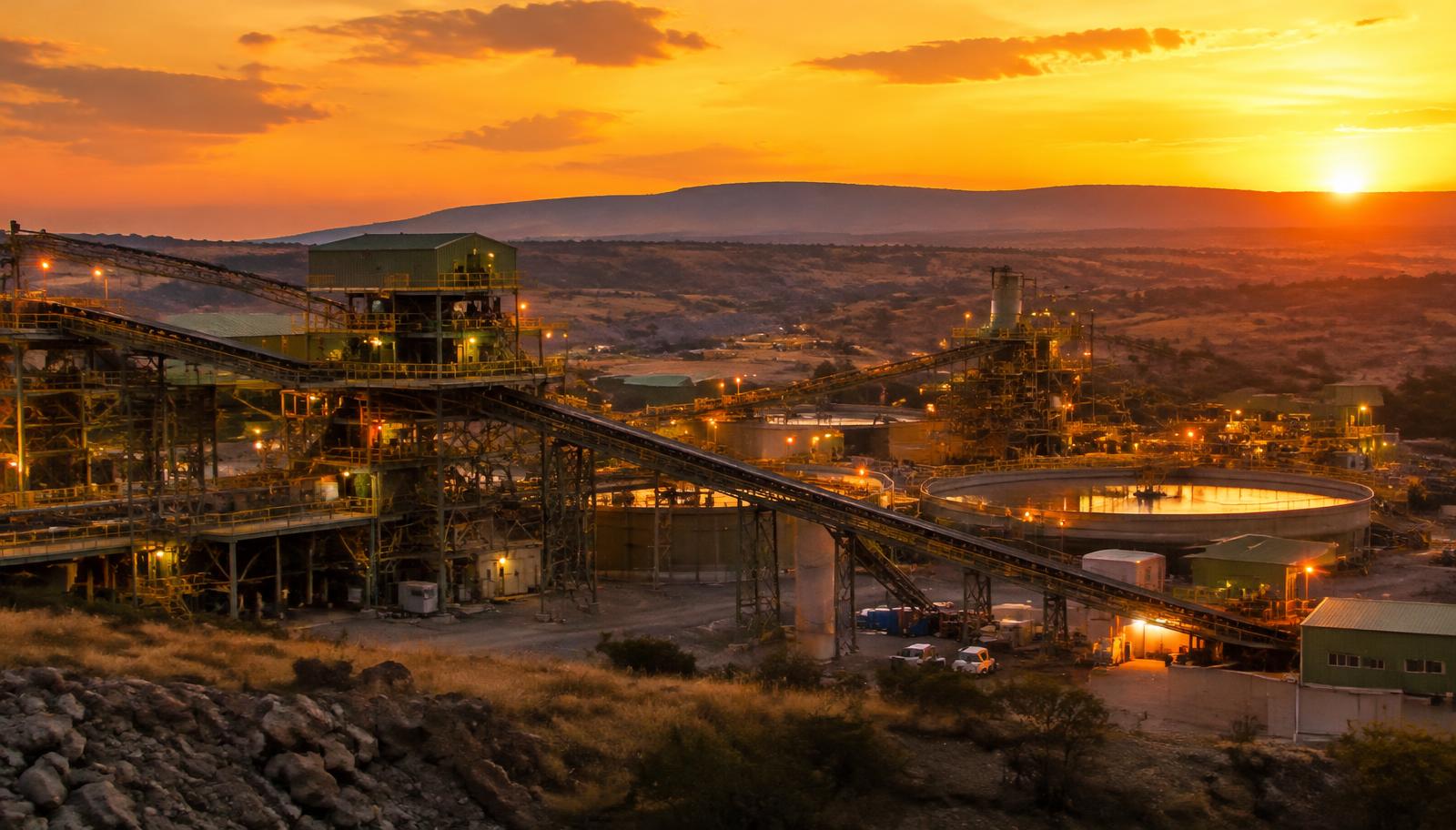 Gold processing plant at dusk