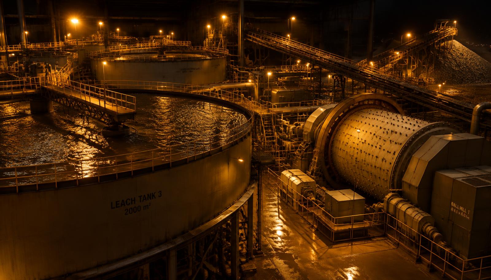 Gold processing plant with leach tanks and mill